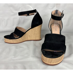 Linea Paolo Emma Black Suede Platform Wedge Sandal 9.5 Ankle Strap